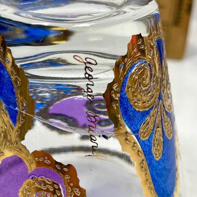 George Briard, beverage glasses, low balls, fruit, design, purple, and gold and blue