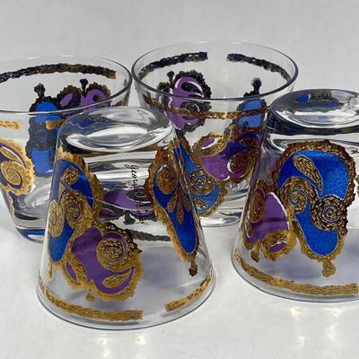 George Briard, beverage glasses, low balls, fruit, design, purple, and gold and blue