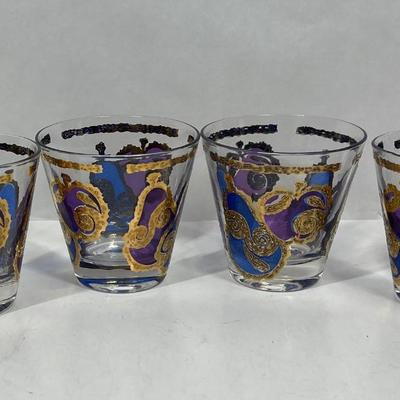 George Briard, beverage glasses, low balls, fruit, design, purple, and gold and blue