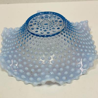 Duncan Miller Blue Opalescent Hobnail Large 12" Crimped Ruffled Console Bowl MCM
