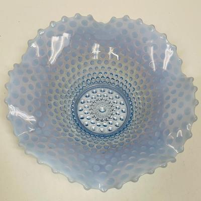 Duncan Miller Blue Opalescent Hobnail Large 12" Crimped Ruffled Console Bowl MCM