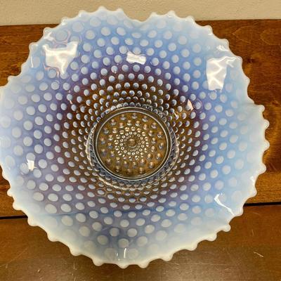Duncan Miller Blue Opalescent Hobnail Large 12" Crimped Ruffled Console Bowl MCM