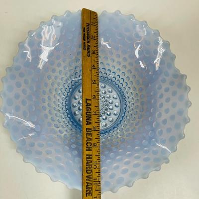 Duncan Miller Blue Opalescent Hobnail Large 12" Crimped Ruffled Console Bowl MCM