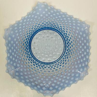Duncan Miller Blue Opalescent Hobnail Large 12" Crimped Ruffled Console Bowl MCM