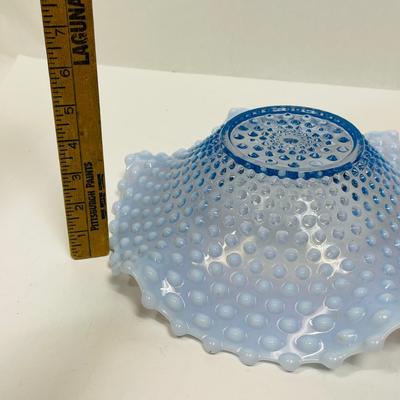 Duncan Miller Blue Opalescent Hobnail Large 12" Crimped Ruffled Console Bowl MCM
