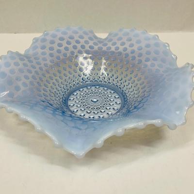 Duncan Miller Blue Opalescent Hobnail Large 12" Crimped Ruffled Console Bowl MCM