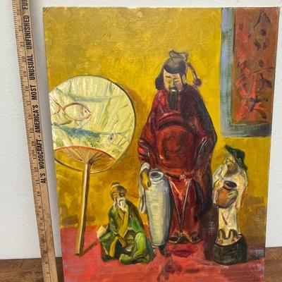 Vintage Painting: H. Berke Oil on Canvas - Still Life of Chinese Figures