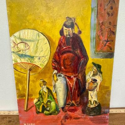 Vintage Painting: H. Berke Oil on Canvas - Still Life of Chinese Figures