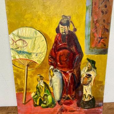 Vintage Painting: H. Berke Oil on Canvas - Still Life of Chinese Figures