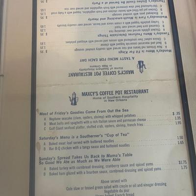 Framed Drawing on Back of New Orleans 'Maxcy's Coffee Pot Restaurant' Menu (B2-MG)