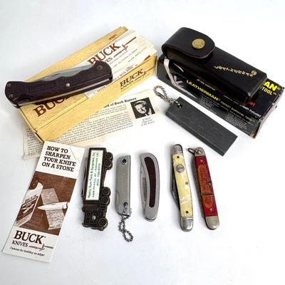 Lot of 7 Pocket Knives + Knife Sharpener
