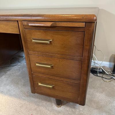 LOT 227: MCM Jasper Furniture Wooden Desk w/ Office Supplies