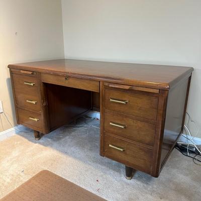 LOT 227: MCM Jasper Furniture Wooden Desk w/ Office Supplies