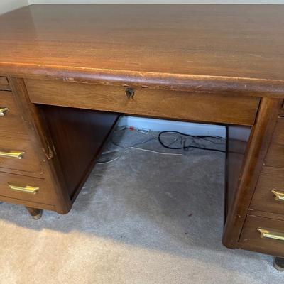 LOT 227: MCM Jasper Furniture Wooden Desk w/ Office Supplies