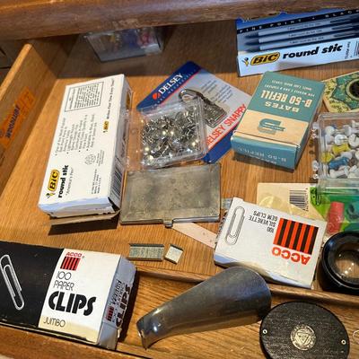 LOT 227: MCM Jasper Furniture Wooden Desk w/ Office Supplies