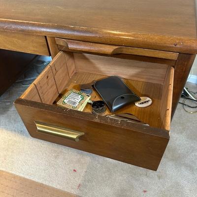 LOT 227: MCM Jasper Furniture Wooden Desk w/ Office Supplies