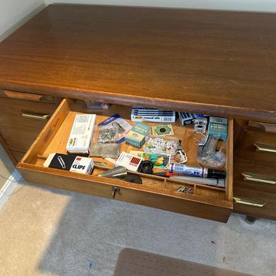 LOT 227: MCM Jasper Furniture Wooden Desk w/ Office Supplies