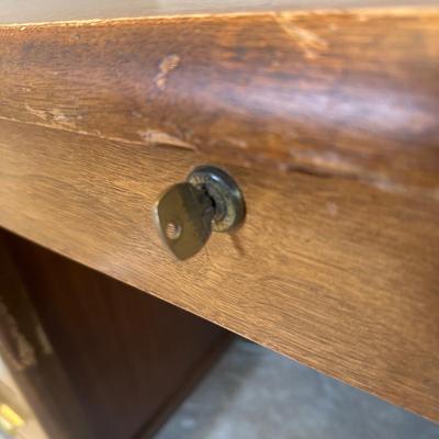 LOT 227: MCM Jasper Furniture Wooden Desk w/ Office Supplies