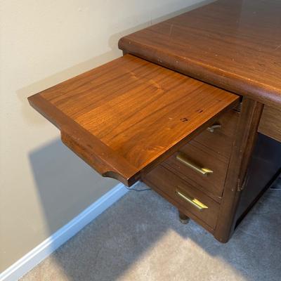 LOT 227: MCM Jasper Furniture Wooden Desk w/ Office Supplies