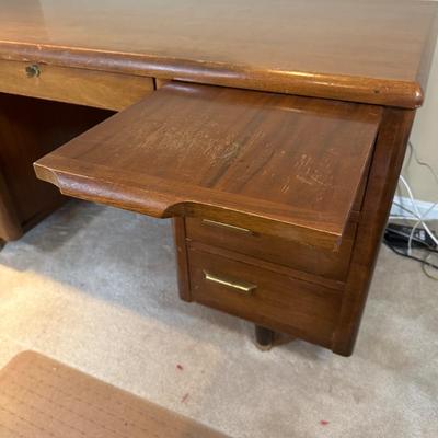 LOT 227: MCM Jasper Furniture Wooden Desk w/ Office Supplies