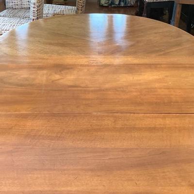 LOT 244: Vintage Double Pedestal Dining Room Table with Two Leafs, Table Pads and Six Upholstered Chairs