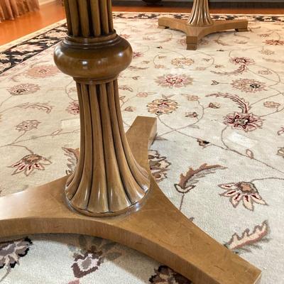 LOT 244: Vintage Double Pedestal Dining Room Table with Two Leafs, Table Pads and Six Upholstered Chairs