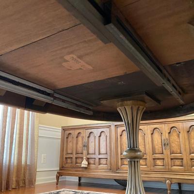 LOT 244: Vintage Double Pedestal Dining Room Table with Two Leafs, Table Pads and Six Upholstered Chairs