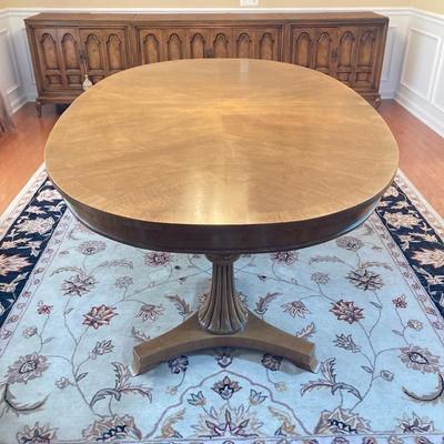 LOT 244: Vintage Double Pedestal Dining Room Table with Two Leafs, Table Pads and Six Upholstered Chairs