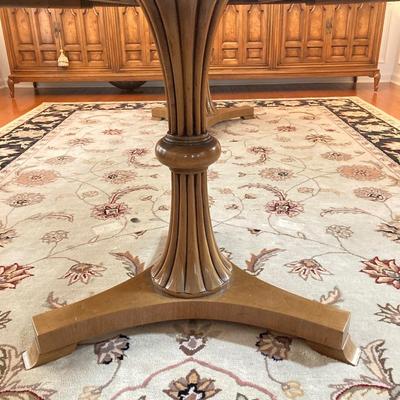 LOT 244: Vintage Double Pedestal Dining Room Table with Two Leafs, Table Pads and Six Upholstered Chairs