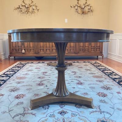 LOT 244: Vintage Double Pedestal Dining Room Table with Two Leafs, Table Pads and Six Upholstered Chairs