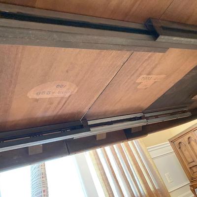 LOT 244: Vintage Double Pedestal Dining Room Table with Two Leafs, Table Pads and Six Upholstered Chairs