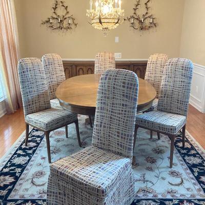 LOT 244: Vintage Double Pedestal Dining Room Table with Two Leafs, Table Pads and Six Upholstered Chairs