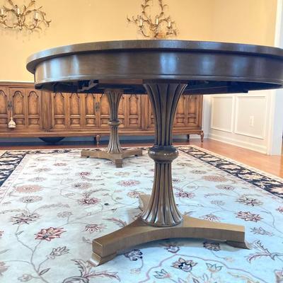 LOT 244: Vintage Double Pedestal Dining Room Table with Two Leafs, Table Pads and Six Upholstered Chairs