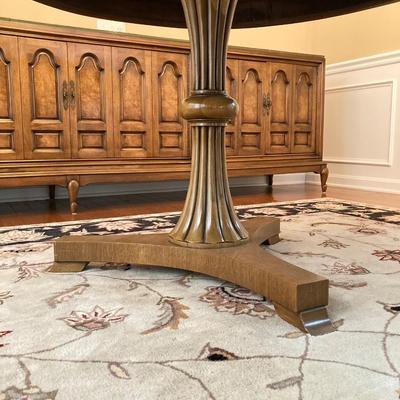 LOT 244: Vintage Double Pedestal Dining Room Table with Two Leafs, Table Pads and Six Upholstered Chairs