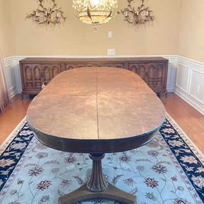 LOT 244: Vintage Double Pedestal Dining Room Table with Two Leafs, Table Pads and Six Upholstered Chairs
