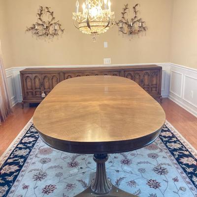 LOT 244: Vintage Double Pedestal Dining Room Table with Two Leafs, Table Pads and Six Upholstered Chairs