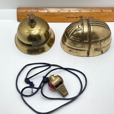 LOT 251: Vintage Brass Collection - Scarab Paper Weight, Service Desk Bell and The Acme Thunderer Made in England Whistle