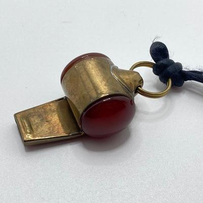 LOT 251: Vintage Brass Collection - Scarab Paper Weight, Service Desk Bell and The Acme Thunderer Made in England Whistle