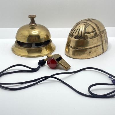 LOT 251: Vintage Brass Collection - Scarab Paper Weight, Service Desk Bell and The Acme Thunderer Made in England Whistle