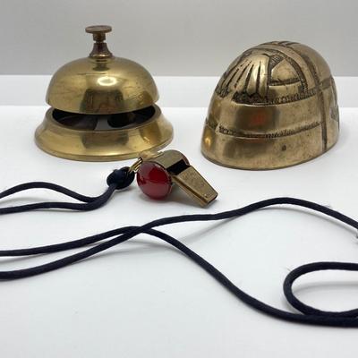 LOT 251: Vintage Brass Collection - Scarab Paper Weight, Service Desk Bell and The Acme Thunderer Made in England Whistle