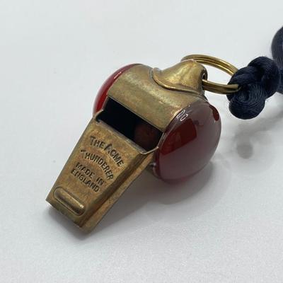 LOT 251: Vintage Brass Collection - Scarab Paper Weight, Service Desk Bell and The Acme Thunderer Made in England Whistle