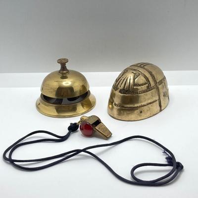 LOT 251: Vintage Brass Collection - Scarab Paper Weight, Service Desk Bell and The Acme Thunderer Made in England Whistle
