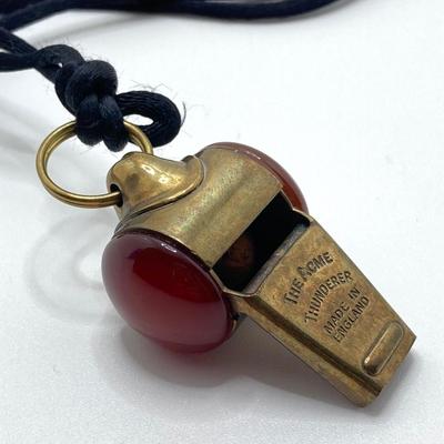LOT 251: Vintage Brass Collection - Scarab Paper Weight, Service Desk Bell and The Acme Thunderer Made in England Whistle