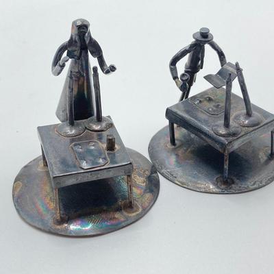 LOT 253: Vintage Figural Silverplate Music Box Hava Nagila Judaica Fiddler with Two Sterling Israel Jerusalem Miniature Figures
