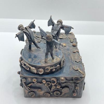 LOT 253: Vintage Figural Silverplate Music Box Hava Nagila Judaica Fiddler with Two Sterling Israel Jerusalem Miniature Figures