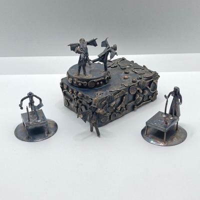 LOT 253: Vintage Figural Silverplate Music Box Hava Nagila Judaica Fiddler with Two Sterling Israel Jerusalem Miniature Figures