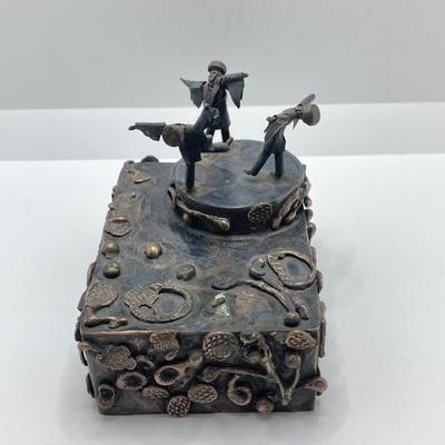 LOT 253: Vintage Figural Silverplate Music Box Hava Nagila Judaica Fiddler with Two Sterling Israel Jerusalem Miniature Figures