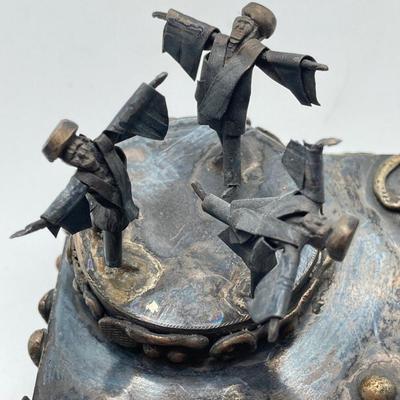 LOT 253: Vintage Figural Silverplate Music Box Hava Nagila Judaica Fiddler with Two Sterling Israel Jerusalem Miniature Figures