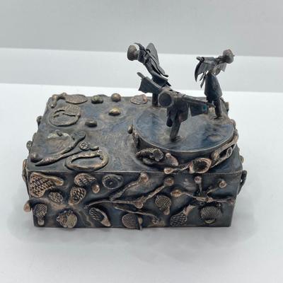 LOT 253: Vintage Figural Silverplate Music Box Hava Nagila Judaica Fiddler with Two Sterling Israel Jerusalem Miniature Figures