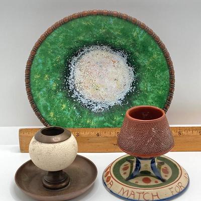 LOT 254: Vintage Nekrassof Enamel Copper Bowl and Pair of Match Striker / Holders